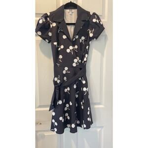 Unique Vintage Black and White Cherry Print Retro Wrap Dress Sz S NWOT